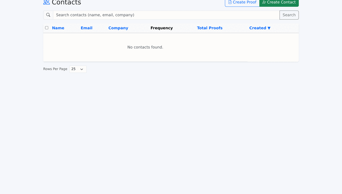 The contacts screen listing saved customers with their email addresses and an option to create a proof directly from a contact.