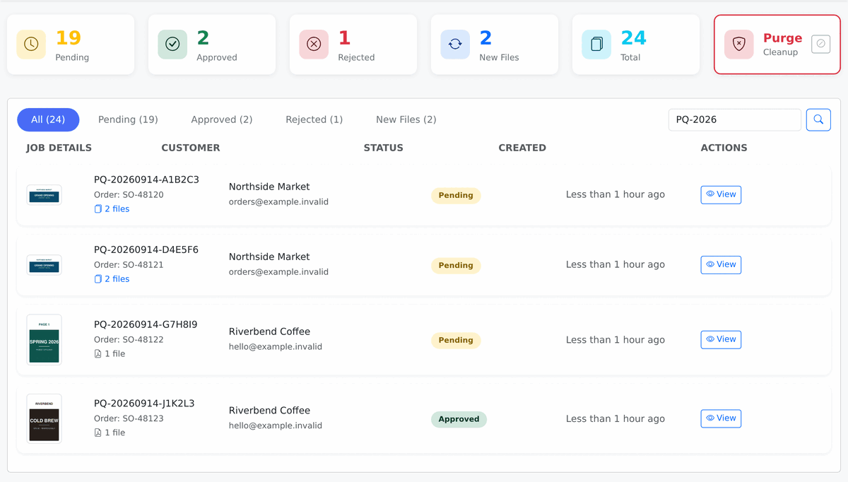 The ProofQueue dashboard. Counters across the top read 19 Pending, 2 Approved, 1 Rejected, 2 New Files and 24 Total. Below, a searchable job list shows each job with a thumbnail, job number, order number, customer, status and creation time.