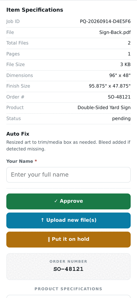 The same proof on a phone, scrolled to the specifications and the Approve, Upload new files and Put it on hold buttons.
